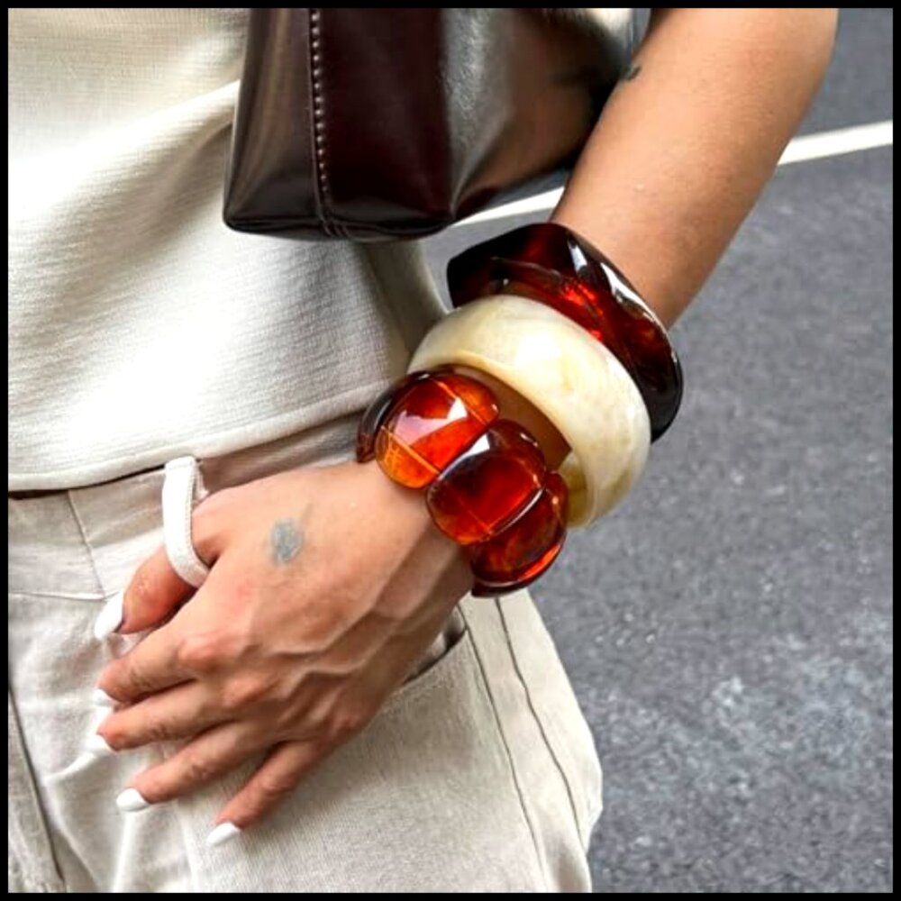 Chunky Tortoise Resin Bangle Set Stackable Stretc… - image 2